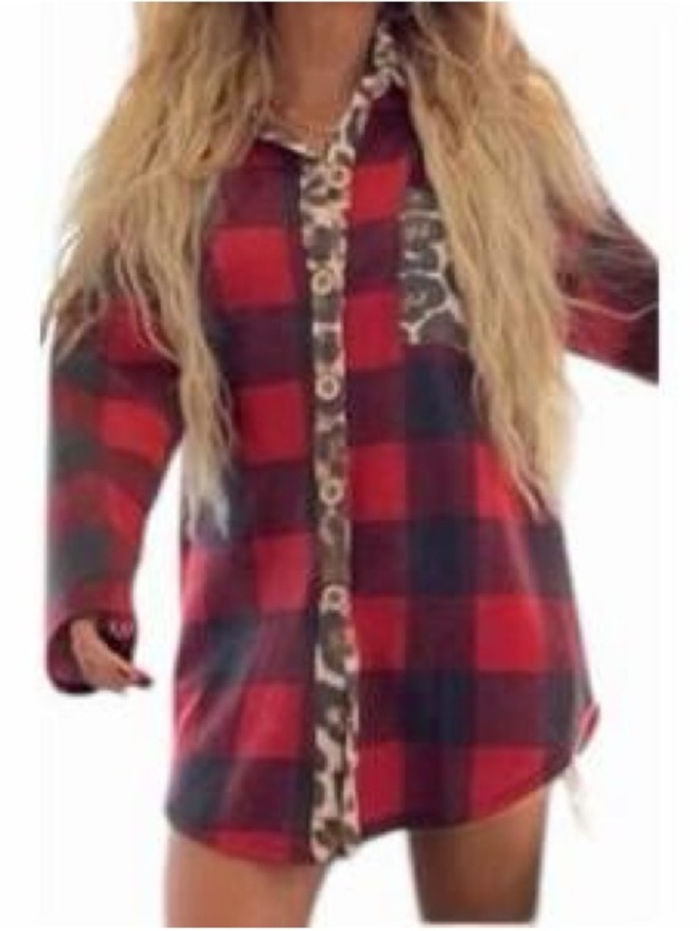 Blue Buttercup Plaid Red and Black Buffalo Check Tunic Sweater with Leopard Trim